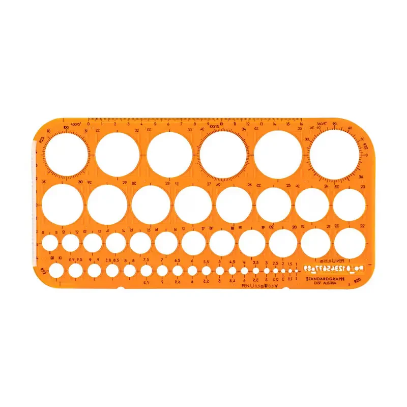Zeichenschablone – 45 Kreise (Radius 1–36 mm), orange-transparent
